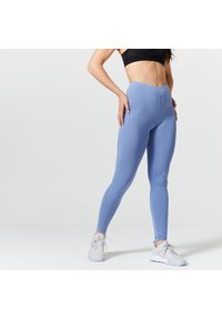 DOMYOS - Legginsy fitness damskie Domyos Fit+ 500 Slim. Kolor: niebieski. Materiał: elastan, materiał, bawełna. Długość: długie. Sport: fitness #1