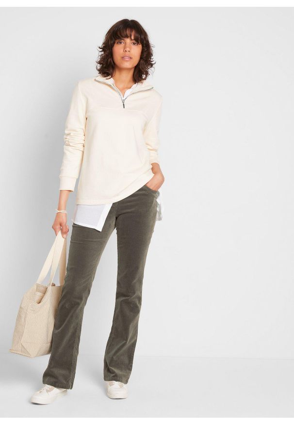 bonprix - Spodnie sztruksowe ze stretchem o kroju bootcut. Kolor: zielony. Materiał: sztruks