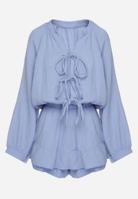 Born2be - Niebieski Wiązany Bawełniany Kombinezon Boho z Falbankami i Wiązaniem Lalelia. Okazja: na co dzień, na imprezę. Kolor: niebieski. Materiał: bawełna. Sezon: lato. Styl: boho #4