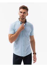 Ombre Clothing - Dzianinowa koszula męska slim fit z krótkim rękawem i kołnierzykiem – niebieska V3 - Rozmiar: S. Typ kołnierza: polo. Kolor: niebieski. Materiał: dzianina. Długość rękawa: krótki rękaw. Długość: krótkie. Styl: elegancki, sportowy #1