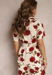 Renee - Beżowo-Bordowa Koszula w Kwiatowy Print Wiązana w Talii Uvularia. Kolor: beżowy. Wzór: kwiaty, nadruk #3