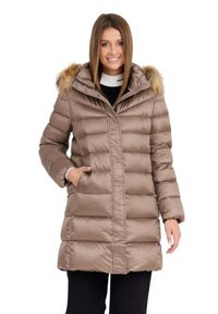 Hetrego - HETREGO Beżowa damska kurtka puchowa Leonie Quilted Woman Jacket With Detached Hood, Rozmiar 38 EU - 42 IT. Okazja: na co dzień. Kolor: beżowy. Materiał: puch. Długość rękawa: długi rękaw. Długość: długie. Styl: casual #3