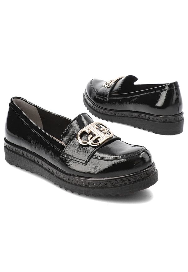 Czarne Półbuty Armodo Lakierowane Mokasyny Damskie. Okazja: na co dzień. Kolor: czarny. Materiał: lakier. Wzór: aplikacja. Styl: casual, elegancki