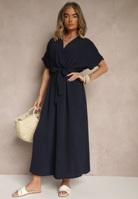 Renee - Granatowa Rozkloszowana Sukienka z Bawełną i Paskiem Lunapinia. Okazja: na co dzień. Kolor: niebieski. Materiał: bawełna. Styl: casual