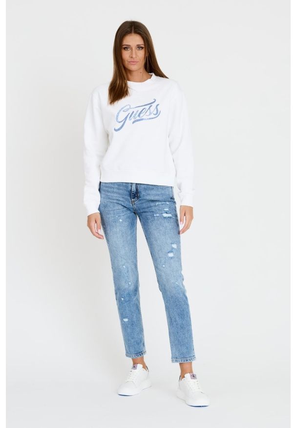Guess - GUESS Biała damska bluza z cyrkoniami, Rozmiar L. Kolor: biały