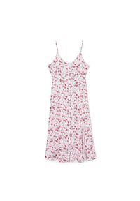 Cropp - Sukienka midi na ramiączkach - Biały. Typ kołnierza: dekolt w kształcie V. Kolor: biały. Materiał: tkanina, wiskoza. Długość rękawa: na ramiączkach. Wzór: nadruk, kwiaty. Sezon: lato. Długość: midi #1