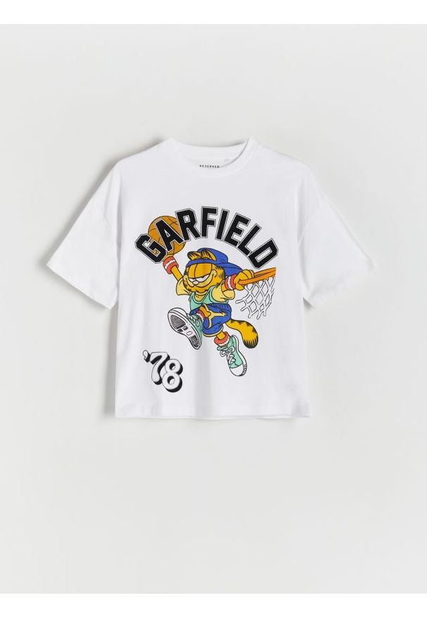 Reserved - Bawełniany t-shirt Garfield - złamana biel. Materiał: bawełna