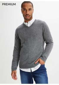 bonprix - Sweter z wełny z domieszką materiału Good Cashmere Standard®, z dekoltem w serek. Typ kołnierza: dekolt w serek. Kolor: szary. Materiał: materiał, wełna. Styl: klasyczny #1