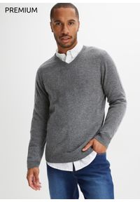 bonprix - Sweter z wełny z domieszką materiału Good Cashmere Standard®, z dekoltem w serek. Typ kołnierza: dekolt w serek. Kolor: szary. Materiał: materiał, wełna. Styl: klasyczny