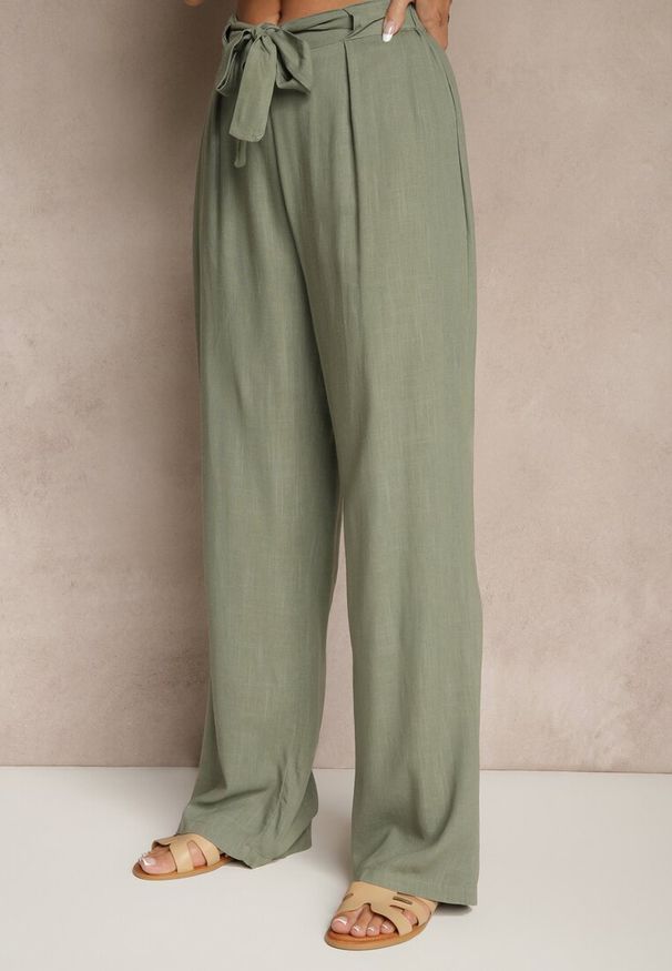 Renee - Zielone Klasyczne Spodnie High Waist z Lnu i Bawełny Wiązane w Talii Linelira. Okazja: na co dzień. Stan: podwyższony. Kolor: zielony. Materiał: len, bawełna. Styl: klasyczny