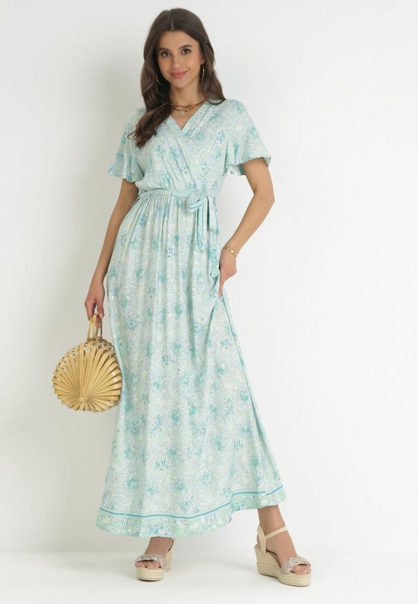 Born2be - Miętowa Sukienka Kopertowa z Wiskozy z Gumką w Talii i Metalicznym Wzorem Hollisa. Kolor: miętowy. Materiał: wiskoza. Typ sukienki: kopertowe