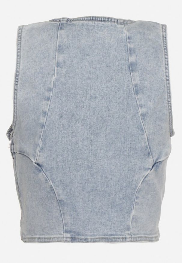 Born2be - Niebieski Top Koszulka Bez Rękawów z Ozdobnymi Kółkami i Suwakiem Quirissa. Typ kołnierza: dekolt w kształcie V. Kolor: niebieski. Materiał: jeans. Długość rękawa: bez rękawów. Styl: wizytowy, elegancki