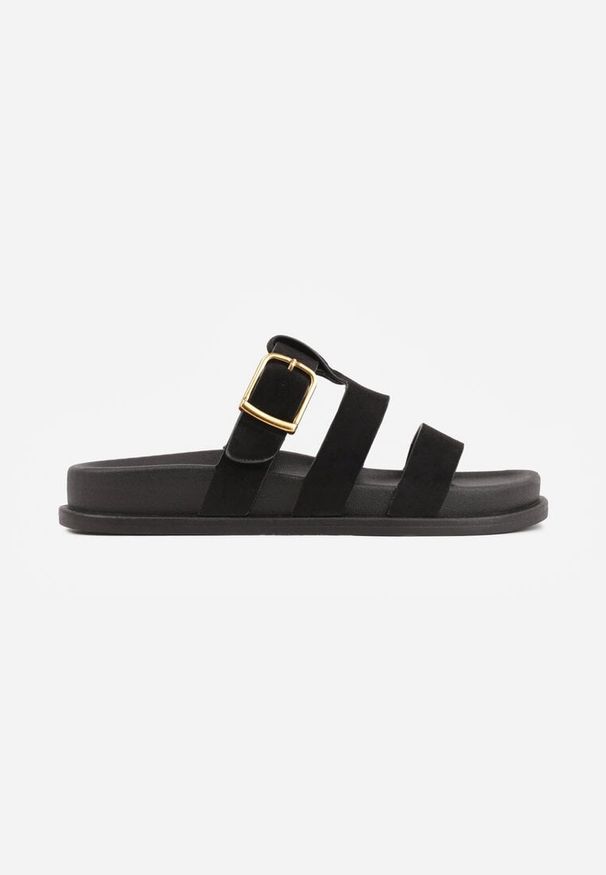 Renee - Czarne Klapki Ozdobione Geometrycznymi Paskami i Metaliczną Klamrą Hossei. Okazja: na co dzień. Kolor: czarny. Materiał: jeans. Wzór: geometria, aplikacja. Styl: casual, elegancki