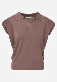 Born2be - Brązowa Wiskozowa Bluzka Sweterkowa z Usztywnionymi Ramionami i Kołnierzykiem Katano. Okazja: na co dzień. Kolor: brązowy. Materiał: wiskoza. Wzór: aplikacja. Styl: casual, elegancki, klasyczny #3