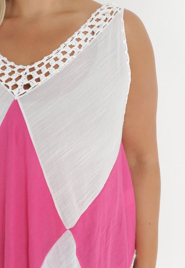 Born2be - Biało-Fuksjowa Tunika Nyssaia. Okazja: na plażę. Kolor: biały. Długość rękawa: bez rękawów. Wzór: kolorowy, aplikacja, ażurowy