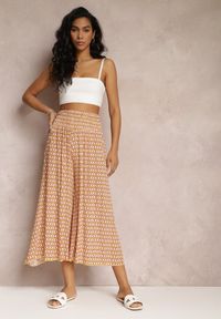 Renee - Żółto-Pomarańczowe Szerokie Spodnie z Wiskozy z Marszczoną Gumką w Talii Mellody. Kolor: żółty. Materiał: wiskoza. Styl: boho #5
