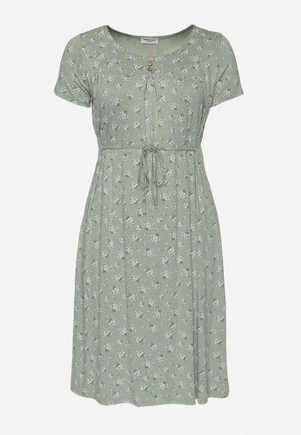 Born2be - Miętowa Sukienka Pudełkowa Midi z Dekoltem z Guzikami Grilacuna. Okazja: na co dzień. Kolor: miętowy. Wzór: kwiaty, aplikacja. Sezon: lato. Styl: casual. Długość: midi