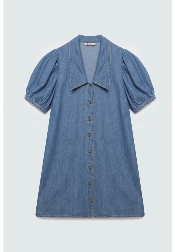 Big-Star - sukienka damska mini jeansowa z bufiastymi rękawami niebieska jennie 270. Okazja: na co dzień. Kolor: niebieski. Materiał: jeans. Długość rękawa: krótki rękaw. Typ sukienki: trapezowe, w kształcie A. Styl: casual. Długość: mini