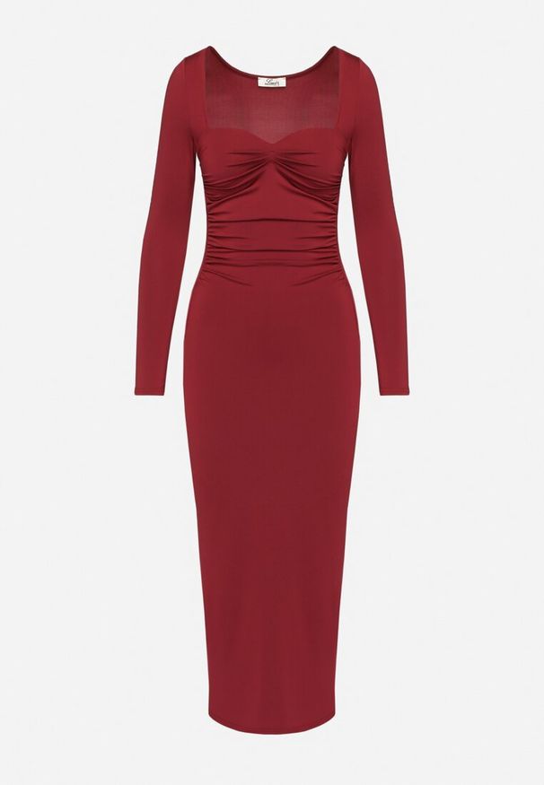 Born2be - Bordowa Dopasowana Sukienka z Ozdobnym Marszczeniem i Rozcięciem Selandris. Kolor: czerwony. Długość rękawa: długi rękaw. Wzór: kolorowy. Typ sukienki: dopasowane. Styl: elegancki