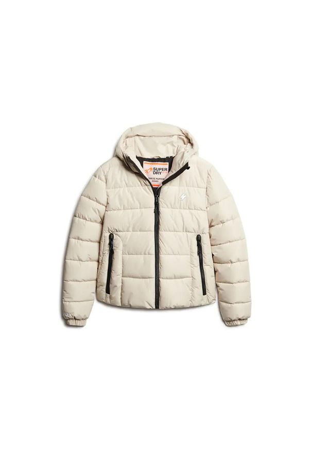 Damska kurtka z kapturem Superdry Spirit Sports. Typ kołnierza: kaptur. Kolor: biały. Materiał: puch. Długość rękawa: długi rękaw
