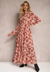 Renee - Różowa Rozkloszowana Sukienka Koszulowa Maxi w Kwiaty Nersa. Kolor: różowy. Wzór: kwiaty. Typ sukienki: koszulowe. Długość: maxi