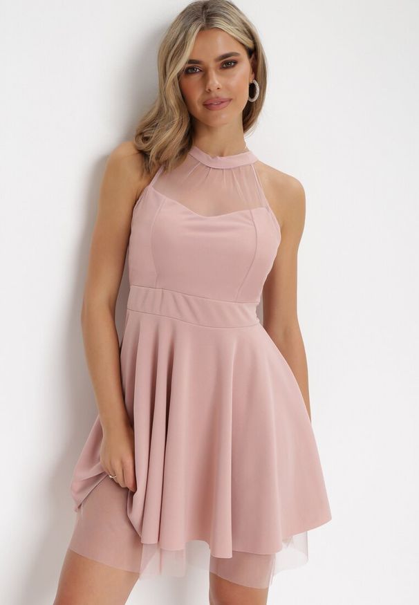 Born2be - Różowa Rozkloszowana Sukienka Mini z Siateczką Philippina. Okazja: na ślub cywilny, na imprezę, na randkę, na wesele. Kolor: różowy. Materiał: tiul. Długość rękawa: bez rękawów. Długość: mini