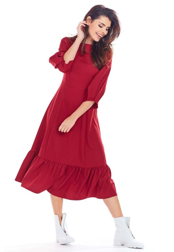 Awama - Bordowa Rozkloszowana Midi Sukienka z Bufiastym Rękawem 3/4. Kolor: czerwony. Materiał: poliester, elastan. Długość: midi