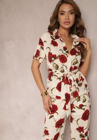 Renee - Beżowo-Bordowa Koszula w Kwiatowy Print Wiązana w Talii Uvularia. Kolor: beżowy. Wzór: nadruk, kwiaty #3