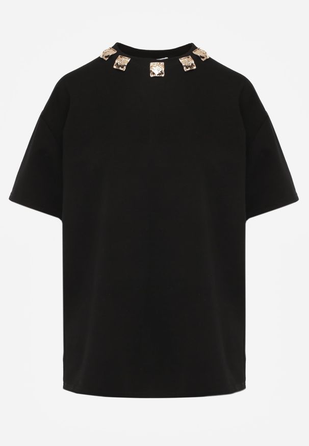 Renee - Czarny Oversizowy T-shirt z Bawełny Zdobiony Kwadratowymi Aplikacjami Evesilea. Okazja: na co dzień. Kolor: czarny. Materiał: bawełna. Wzór: aplikacja. Styl: casual