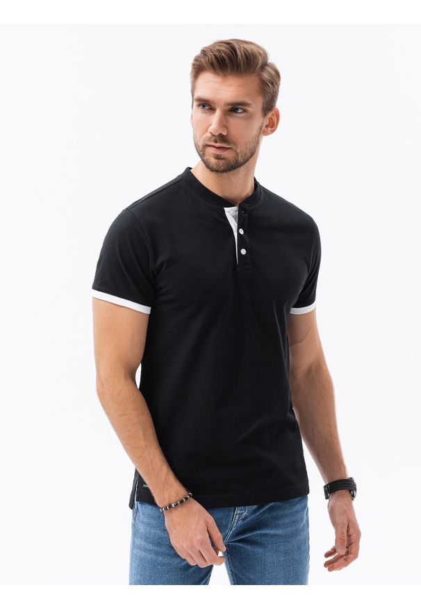 Ombre Clothing - T-shirt męski polo bez kołnierzyka - czarny V8 - Rozmiar: M. Typ kołnierza: bez kołnierzyka, polo. Kolor: czarny. Materiał: materiał, bawełna