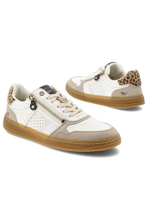 Sneakersy damskie Mustang, cholewka ze skóry ekologicznej perforowane panele boczny zamek sznurowanie elastyczna podeszwa zapewniająca komfort codzie. Okazja: na co dzień, na spacer. Zapięcie: sznurówki. Kolor: biały. Materiał: skóra ekologiczna. Szerokość cholewki: normalna. Sport: turystyka piesza