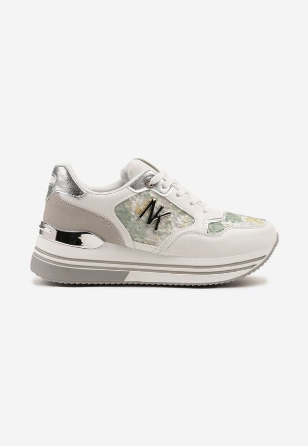 Born2be - Biało-Zielone Sneakersy z Metaliczną Aplikacją Divisca. Okazja: na co dzień. Kolor: biały. Materiał: jeans. Wzór: aplikacja