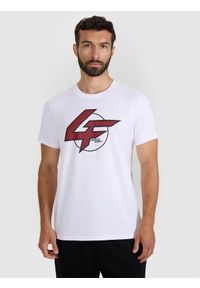 4f - 4F T-shirt regular z nadrukiem męski - biały M. Kolor: biały. Materiał: włókno, skóra, materiał, bawełna. Wzór: nadruk. Styl: klasyczny