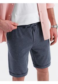 Ombre Clothing - Męskie krótkie spodenki na gumce ze strukturalnej dzianiny – granatowe V1. Okazja: na co dzień. Kolor: niebieski. Materiał: dzianina. Długość: krótkie. Styl: klasyczny, casual #10