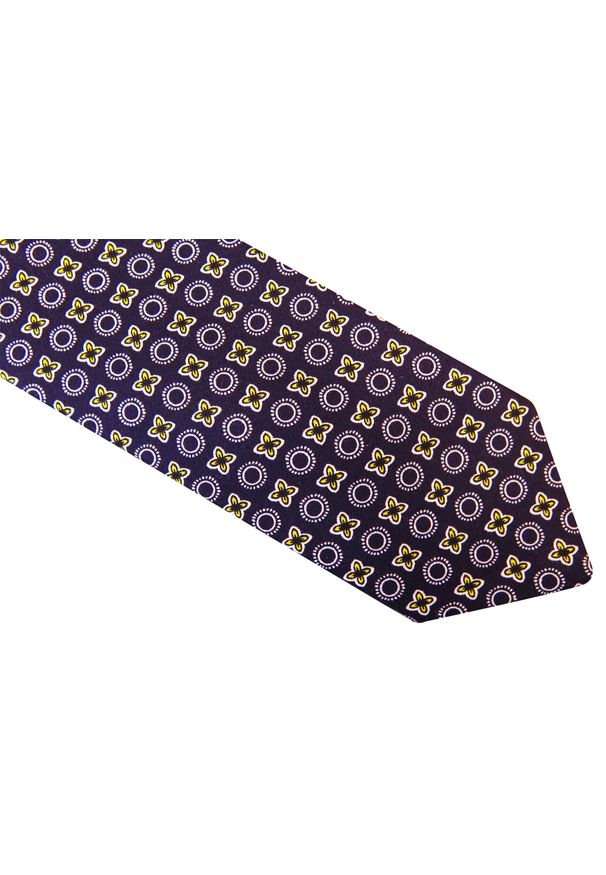 Modini - Granatowy krawat męski - biało-żółty wzór D21. Kolor: biały, wielokolorowy, żółty, niebieski. Materiał: mikrofibra, tkanina