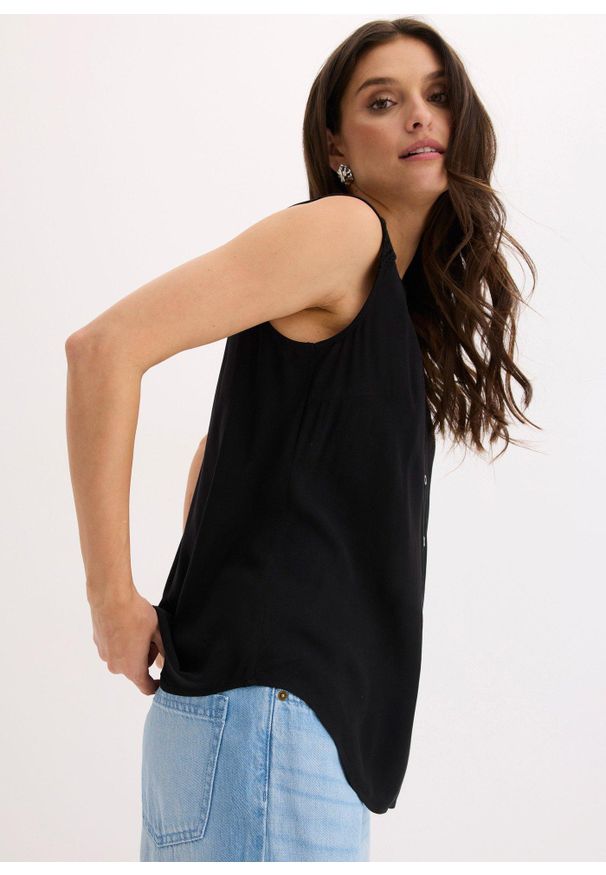 bonprix - Bluzka bez rękawów z czystej wiskozy. Kolor: czarny. Materiał: wiskoza, koronka. Długość rękawa: bez rękawów. Długość: długie. Wzór: koronka, haft. Sezon: lato