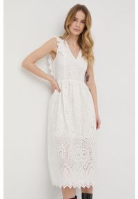 TwinSet - Twinset sukienka bawełniana kolor biały midi rozkloszowana. Kolor: biały. Materiał: bawełna. Długość rękawa: krótki rękaw. Wzór: haft. Długość: midi