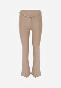 Renee - Beżowe Materiałowe Spodnie Dzwony z Ozdobnym Łańcuszkiem Amelana. Kolor: beżowy. Materiał: materiał. Wzór: aplikacja #4