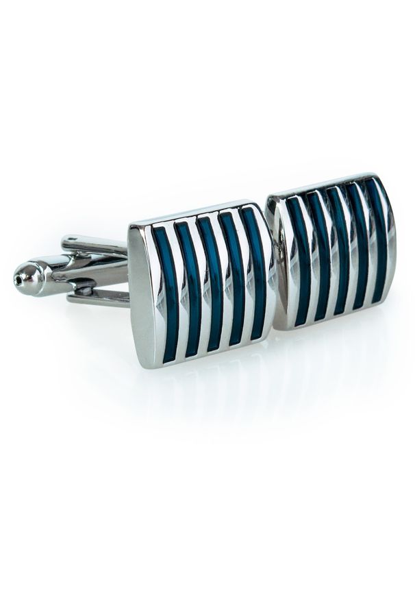 Modini - Prostokątne srebrno-granatowe spinki do mankietów - paski U273. Kolor: srebrny, wielokolorowy, niebieski. Wzór: paski