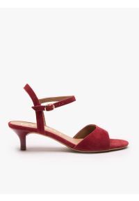 Ryłko - Bordowe sandały na obcasie. Nosek buta: okrągły. Zapięcie: sprzączka. Kolor: czerwony. Materiał: skóra, welur. Wzór: aplikacja. Obcas: na obcasie. Styl: street, klasyczny, elegancki. Wysokość obcasa: średni #1