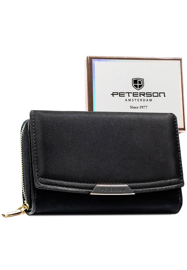 Portfel damski ze skóry ekologicznej w czarnym kolorze wyposażony w system RFID - Peterson. Kolor: czarny. Materiał: skóra ekologiczna