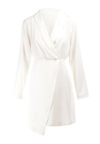 Born2be - Biała Sukienka Tryphala. Typ kołnierza: dekolt w kształcie V. Kolor: biały. Materiał: tkanina. Długość rękawa: długi rękaw. Wzór: aplikacja, gładki, jednolity. Typ sukienki: kopertowe. Styl: klasyczny. Długość: mini #3