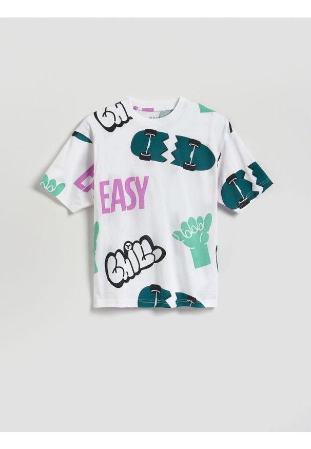 Reserved - Bawełniany t-shirt z nadrukiem - złamana biel. Materiał: bawełna. Wzór: nadruk