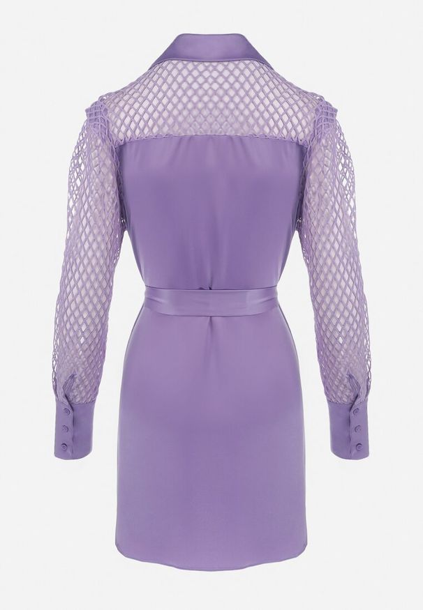 Born2be - Fioletowa Koszulowa Mini Sukienka z Materiałowym Paskiem i Siateczką w Górnej Części Gudris. Kolor: fioletowy. Materiał: materiał. Typ sukienki: koszulowe. Długość: mini