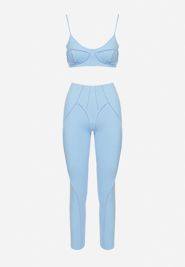 Born2be - Jasnoniebieski Komplet Sportowy z Ozdobnymi Przeszyciami Legginsy i Top na Ramiączkach Filinella. Kolor: niebieski. Materiał: skóra
