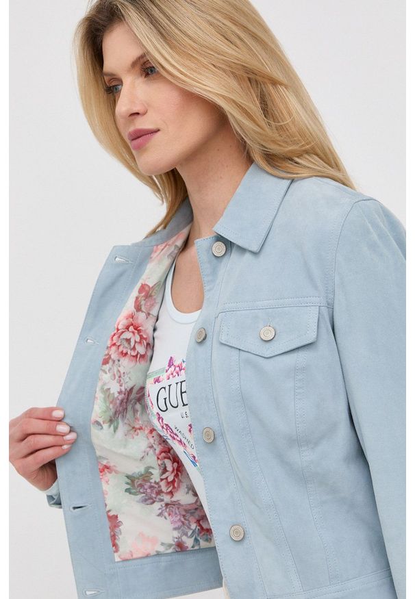 Guess kurtka zamszowa damska przejściowa. Okazja: na co dzień. Kolor: niebieski. Materiał: zamsz. Wzór: gładki. Styl: casual