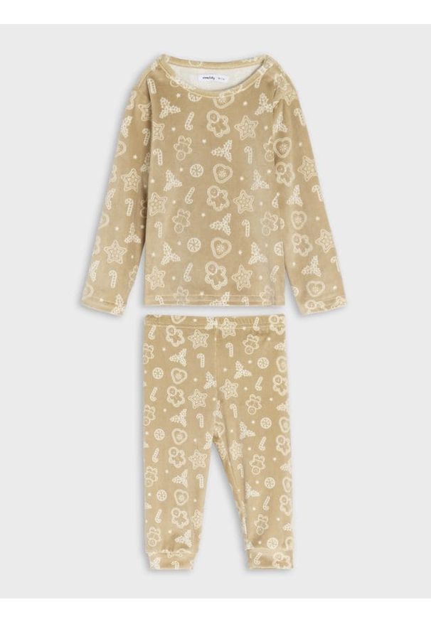Sinsay - Piżama dwuczęściowa - beżowy. Kolor: beżowy. Materiał: welur, materiał. Wzór: nadruk. Styl: wizytowy