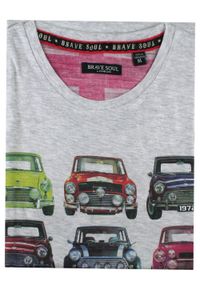 Bawełniany T-Shirt, Męski - Brave Soul - Retro Auta - Popielaty. Okazja: na co dzień. Kolor: szary. Materiał: wiskoza, bawełna. Wzór: nadruk. Sezon: wiosna, lato. Styl: retro #3
