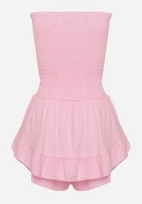 Born2be - Różowy Kombinezon z Bawełny z Elastyczną Gumką w Talii i Falbanką Olialia. Okazja: na spacer. Kolor: różowy. Materiał: bawełna. Sezon: lato #6