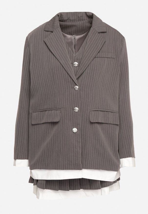 Born2be - Szary Komplet w Delikatne Paseczki Plisowana Spódnica Kamizelka i Marynarka Dassemi. Kolor: szary. Wzór: aplikacja, paski